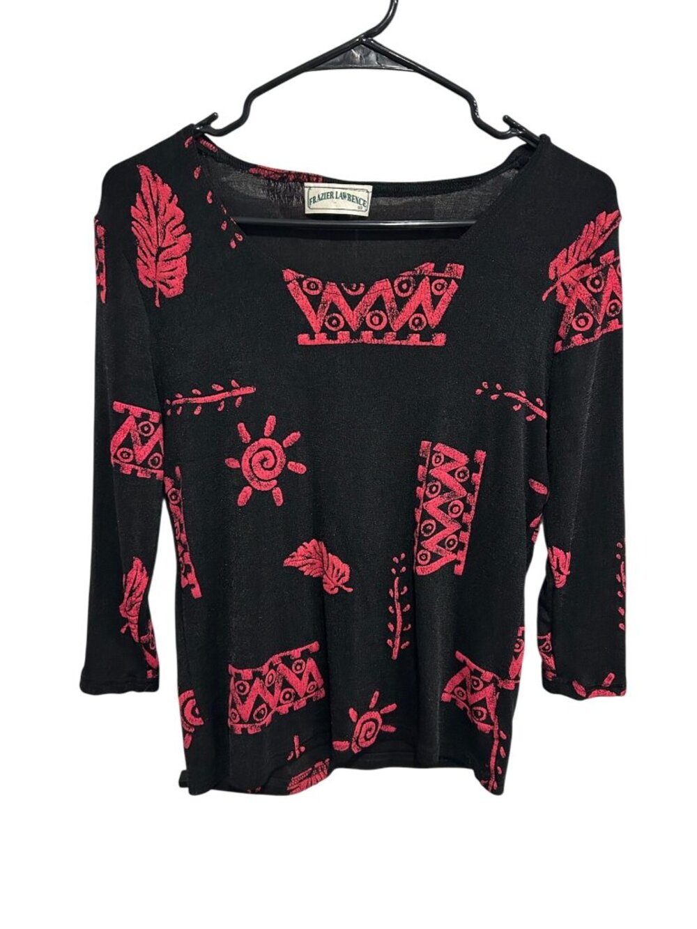 Frazier Lawrence womens Black Red Tribal Print Top 3/4 Sleeve Boho Maximalist